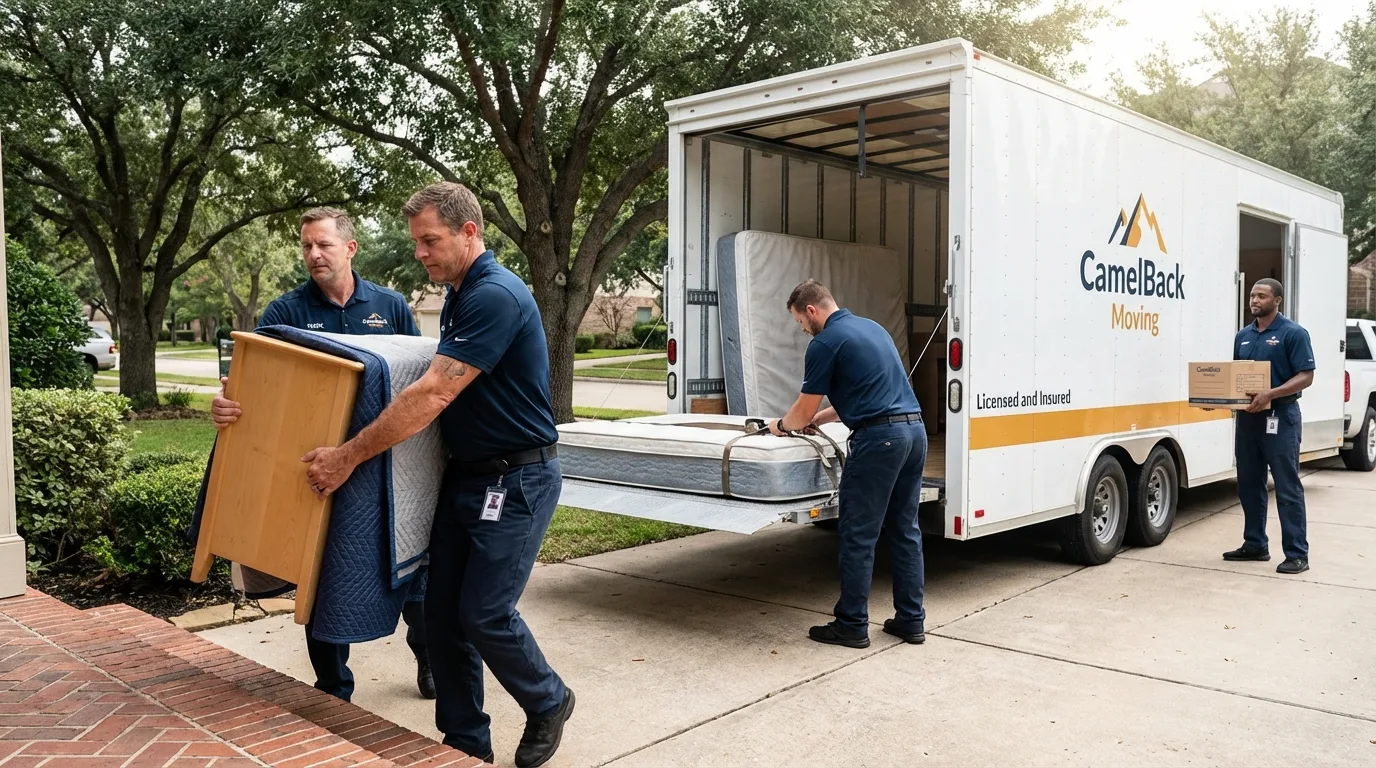 Crew loading residential truck for cross-state move from Planada, CA
