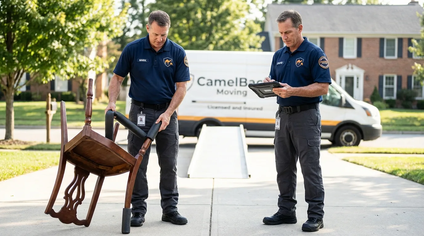 Movers inspecting furniture for damage prevention before loading in Planada, CA