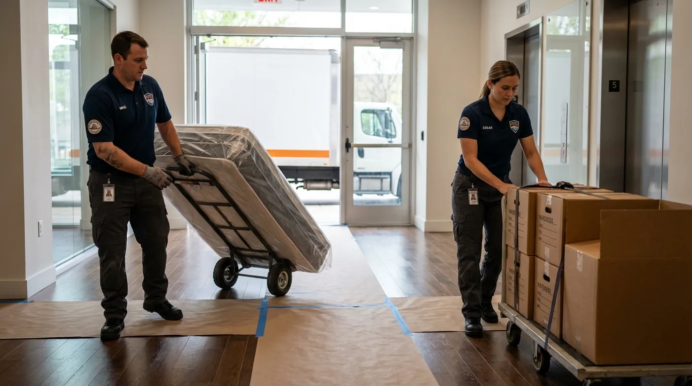 Professional apartment movers loading elevator in Planada, CA