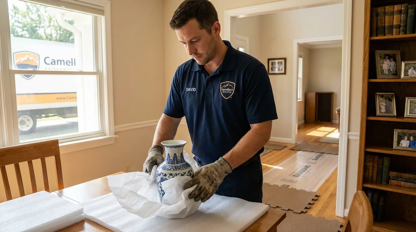 Professional crew carefully wrapping antique vase for senior downsizing move in Planada, CA